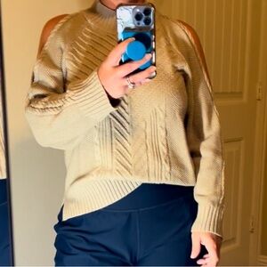 Tan cold shoulder cable knit sweater size medium